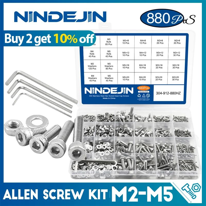 NINDEJIN 880pcs Stainless Hex Screw Assortment M2 M3 M4 M5 with Nuts & Washers
