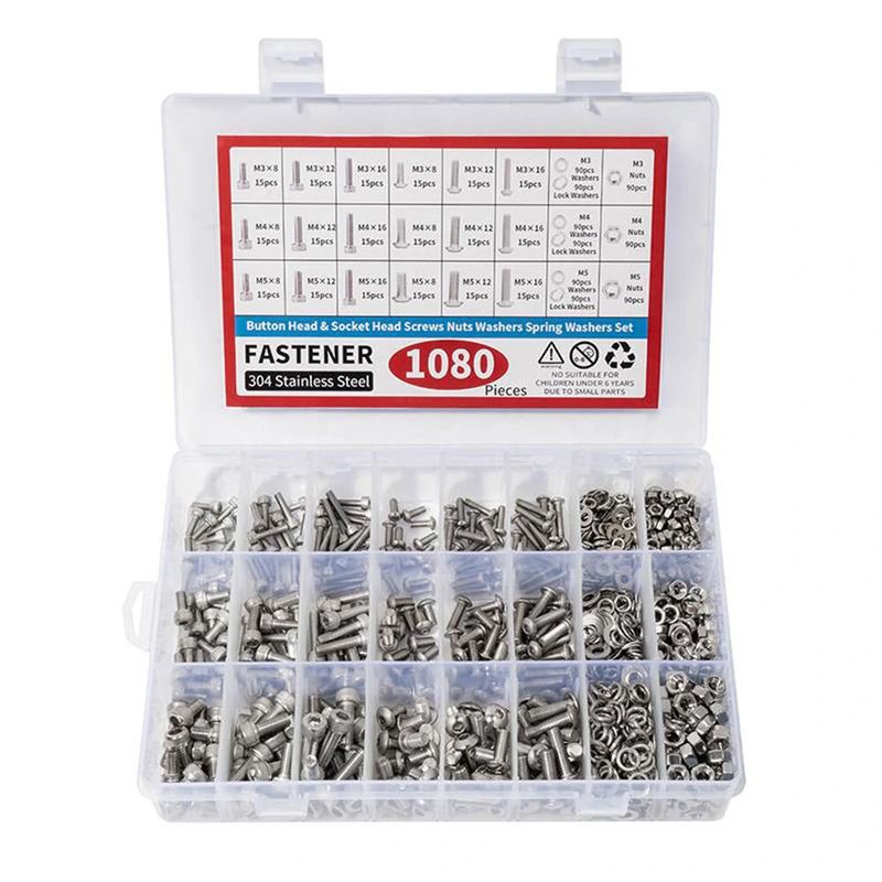 1080pcs M3 M4 M5 M6 304 Stainless Button & Socket Head Screw, Nut & Washer Assortment