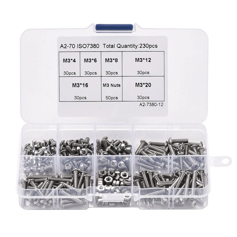 230pcs M3 304 Stainless Steel Button Head Hex Socket Screw & Nut Assortment Box