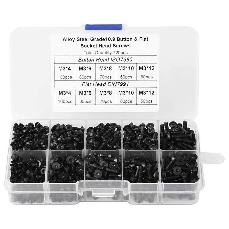 720pcs M3 Grade 10.9 Alloy Steel Button & Flat Head Hex Socket Screw Assortment Box