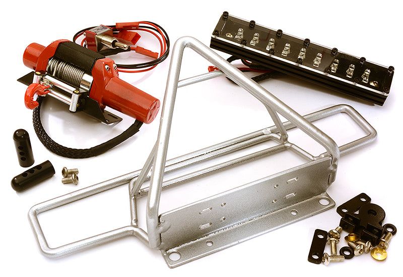 Realistic Steel Front Bumper w/ Winch & Roof Top LED for SCX-10 43mm Mount