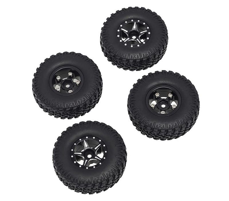 Alloy Machined Black Wheels (4) w/Rubber Tires for Axial 1/24 SCX24 Rock Crawler