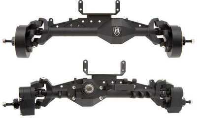Black MEUS Racing isokinetic portal axles for the Axial Capra