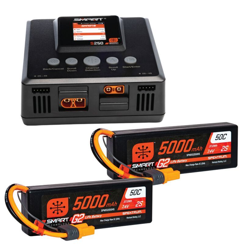 Spektrum Smart Powerstage 4S Bundle: 2x 5000mAh 2S G2 IC5 + S250 Charger